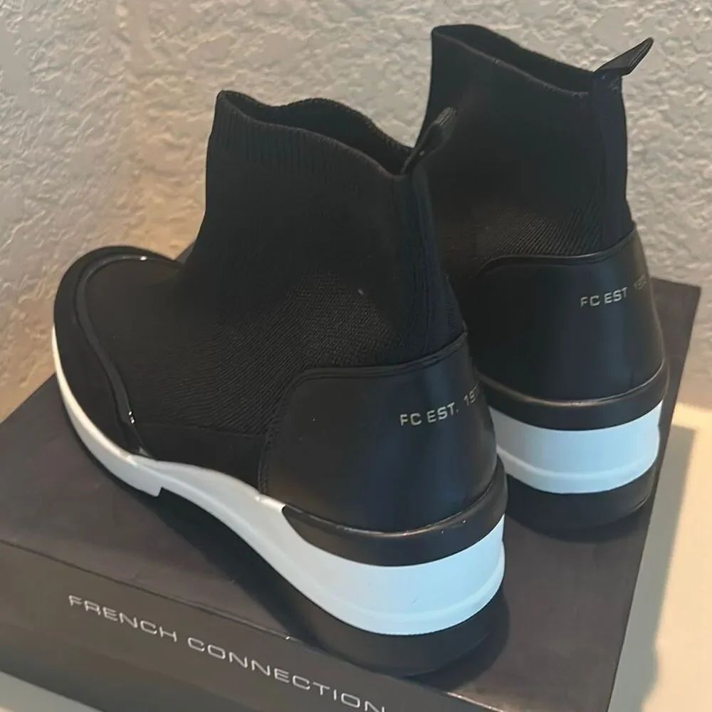 French Connection Starr Wedge Sneaker Booties Black White Sporty Size 11 NEW